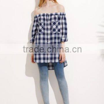 Blouses Latest Fashion Design Women Clothing Gingham Button Pocket Off The Shoulder Blouse photo-2