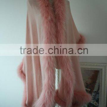 Fashion Cashmere Cape Poncho With Match pinky Color Raccoon Fur Hood Gorgeous Animal Fur Trimmed Square Shawl Cape