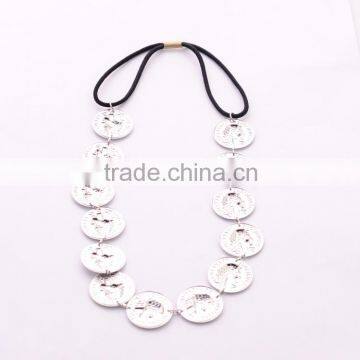 Vintage Girls Coin Shaped Silver Plated Metal Hair Chains Elastic Band Hair Accessories 2016