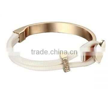 SRB3148 White Leather Rope with Heart Shaped Charm and Love Bead Gold PVD Coating Cuff Bracelet Stainless Steel Leather Bracelet