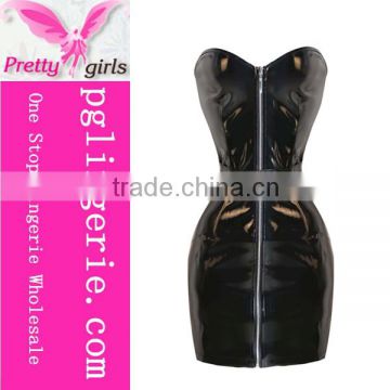 New Arrival Wet look strapless bodycon dress faux leather black lingerie catsuit