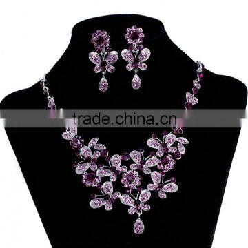 Wholesale cheap beautiful indian purple rhinestone crystal butterfly flower bridal necklace jewelry sets