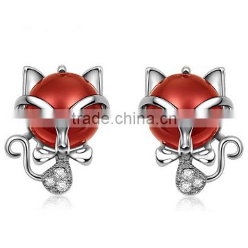 natural red agate fox animal shape girl fashion 925 silver stud earring jewelry cheap chinese earring