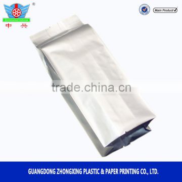 Glossy quad seal plastic alu foil coffee powder bag with valve or tin tie