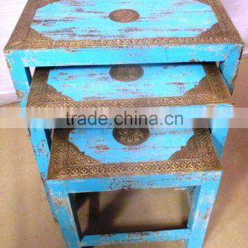 Metal Fitted Blue Color Set of 3 Wooden Square Stool