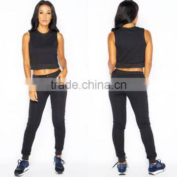 Sexy Girls In Tracksuit Black Sleeveless Crop Top Sweat Pants Sets 100% Cotton Summer Club Sports Tracksuit For Football Team