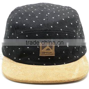 FAUX SUEDE brim 5 panel hat and cap with Leather patch