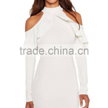 Women Frill Cold Shoulder Long Sleeve Mini Short Bodycon Club Dress White photo-5