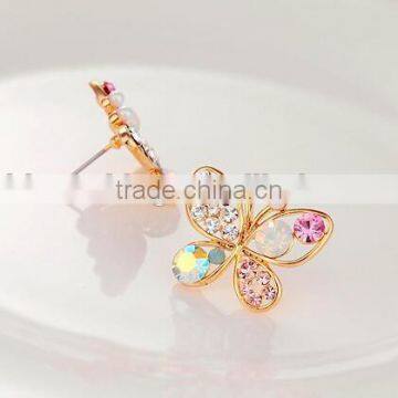 Girls jewelry pearls butterfly earrings,hollow gold stud earring with colorful crystals