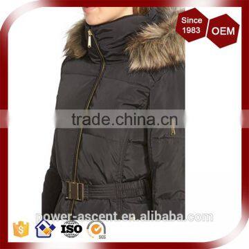 Belt-cinched Waist Padding Quilting Womens Parka With Fur photo-5