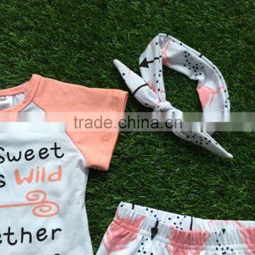 Baby Girls Boutique Summer Outifits I'm Sweet She's Wild Clothing Girl Short Sleeve Feather Ruffle Capri Sets With Accessories photo-4