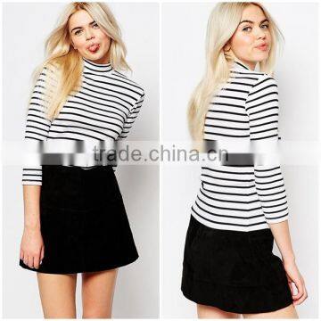New design simple fashion stripe roll neck 3/4 sleeve t- shirt for lady