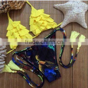 Yellow Ruffled Triangle Bikini Beach Swimwear Lace-up Tassel Bathing 2 Piece Suit