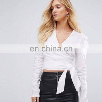 Women Fashion Clothes Wrap Front V Neckline Long Sleeves Lady blouse Top With Tie Side