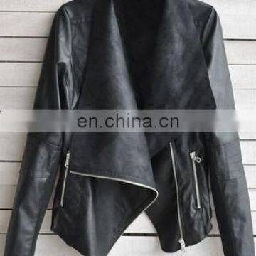 2015 High quality fashion black long sleeves women leather coat