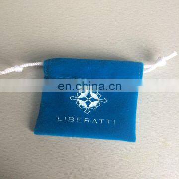 Blue color good feeling string white logo velvet pouch bag,custom velvet drawstring pouch bag,custom velvet jewelry bag