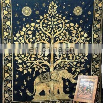 Beautiful Tree & Elephant Mandala Printed Tapestry Unique Handmade Cotton Bedspread