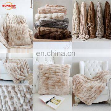 Fashionable Printed Ruched Faux Rabbit Fur Throw ,Good Quality Ruched Fake Rabbit Fur Blanket photo-2