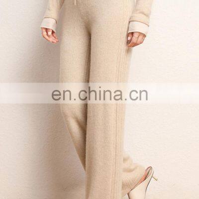Women Wide Leg Plain Knit Loose Stright Trousers Casual Wool Pants photo-4
