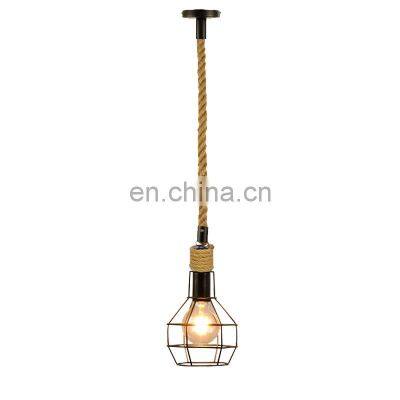 Retro Hemp Rope Industrial Loft Pendant Lamp Vintage Iron Cage Square Single Chandelier Light