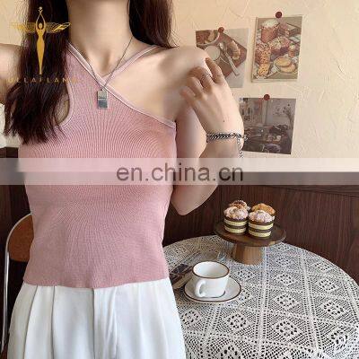 Forefair Ribbed Tank Tops Sexy Crop Vest Solid Harajuku Korean Female Off Shoulder Knitted Khaki Black Summer Women Tops photo-4