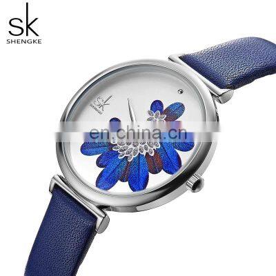 SHENGKEG Sapphire Women Watch K0123L Lady Elegant Leather Wristwatch Minority Peacock Wings Design Dial Watches