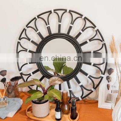 Hot Sale Black Rattan Round Flower Mirror Wall-Mounted Creative Art Decor Hallway Bathroom Living Room