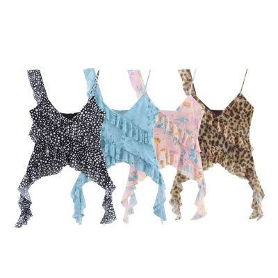 European and American style women's new layered decorative printed silk mesh asymmetrical top