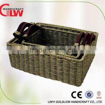 Set of 3 seagrass storage basket with wooden handle