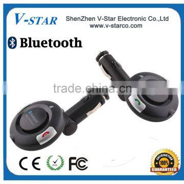 Bluetooth handsfree car kit with audio base, connects to AUX jack of your vehicle to enjoy the music and make a phone call