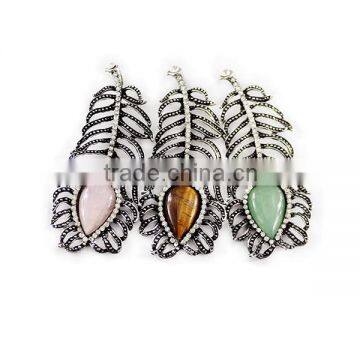 Pendant, PTP-A147 Fashion Jewelry Alloy Feather Set Natural Gem Stones Tear Drop Precious Stone Gold Pendant
