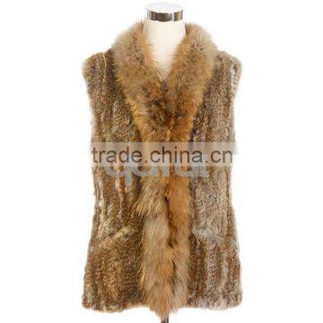 QD30434 Cheap China Bulk Wholesale Clothing Knitted Rabbit Fur Vest With Raccoon Fur Collar Clothes Women