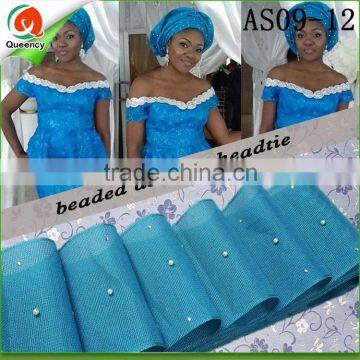 latest design beaded women aso oke headtie tblue hair tie with pearls