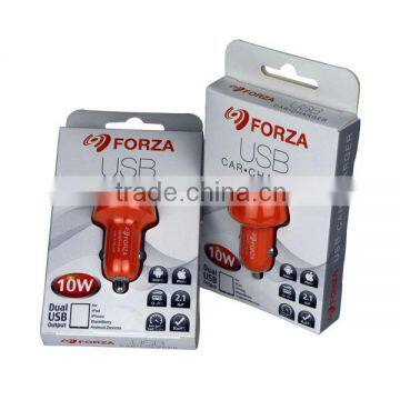 FORZA 5.0V/2.1A Dual USB Car Charger with clamshell packaging