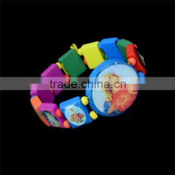 Colorful Rosary Painted Resurrection Round Piece God Virgen Wood Bracelets Small Square Colorful Beads Christian Wood Bracelets