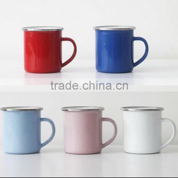 2016 High Quality Printed enamel camping mug ,metal label enamel mug with stainless steel rim