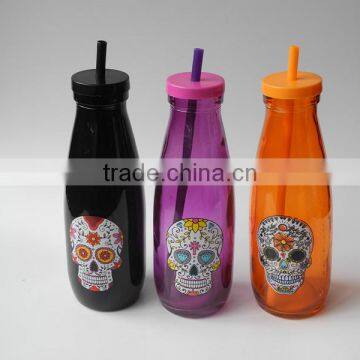 Halloween Use Glas 1 Liter Juice Decorative Glass Bottle with Straw