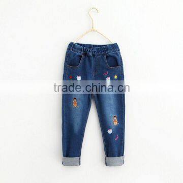 Korean children's clothing wholesale embroidery sun coffee animal casual denim trousers