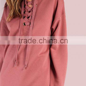 MGOO Ladies Oversized Laced Up Sweatshirt Dress Rose Jumper Crisscross Belt Pullover Hoodies 100% Cotton photo-5