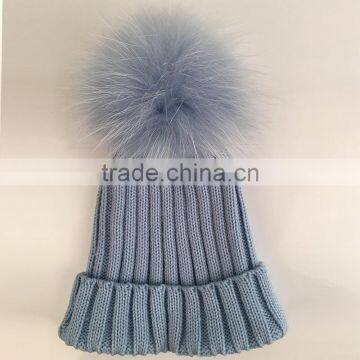 Myfur Wholesale Raccoon Fur Pom Pom Adult Couple Knitting Beanie in Sky Blue