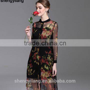 2016 Spring Summer Pure True Button-up Silk Long Sleeve Shirt Dress photo-4
