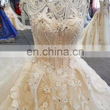 LS00323 High Neck Beaded Keyhole Back Long Train Beach Unique and Simple Dubai Wedding Gown