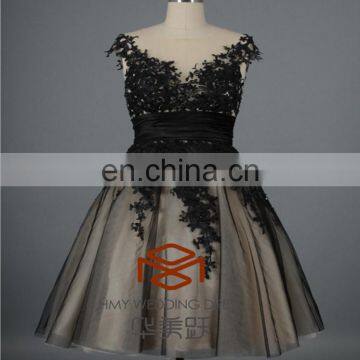 Latest Design Cocktail Dresses Customized Black Satin Sash Black Lace Cap Sleeve Appliques Mini Skirt Cocktail Dress