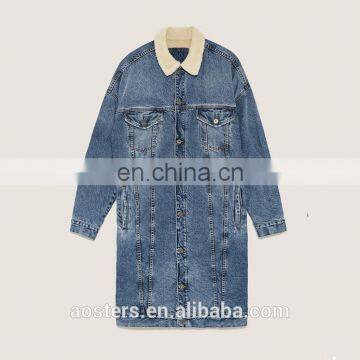 custom inside fur lining denim life jacket long winter jacket jeans wholesale