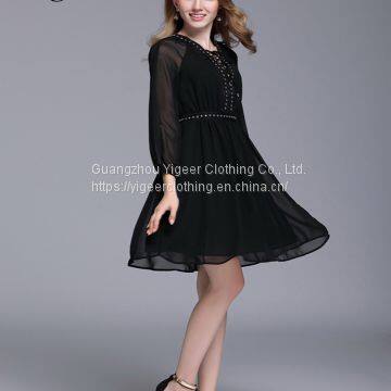 Long Sleeve Double Layers Bandaged Neck Casual Dress photo-5