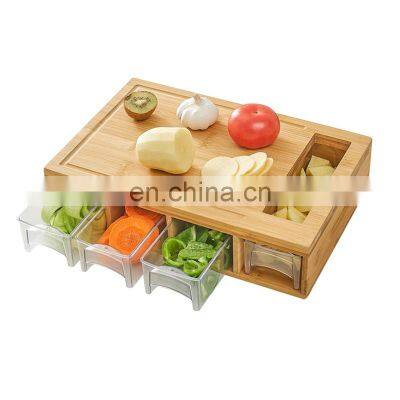 Multi-functional Bamboo Cutting Board 4 Draws Tray with Juice Groove Large Chopping Blocks with Trays for Food Storage