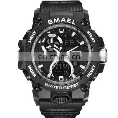 SMAEL 8011 Men Sport Dual Display Watches Big Dial Chronograph Week Silicone Outdoor Quart Digital Wristwatch