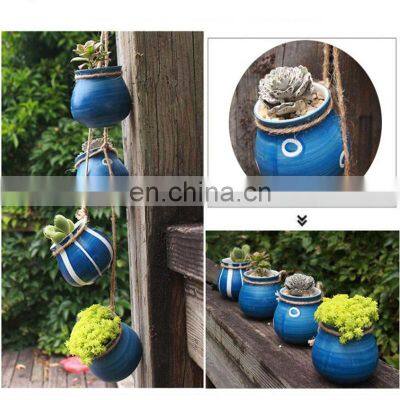 4pcs/set Wall-mounted Ceramics Flower Pots & Planters Home Decor Succulent Hemp Rope Ceramic Flowerpot Plant Hanging Pot