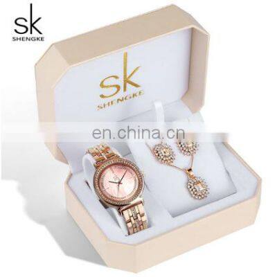 SHENGKE Alloy Band Rose Gold Watches K0092L Watch Gift Sets Gorgeous Bracelet Wristwatch with Necklace and Earring