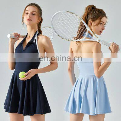 Wholesale Women Gym Fitness Halter Neck Polo Collar With Shorts 2-In-1 Sports Tennis Golft Wear One Piece Skirt Dress Clothing